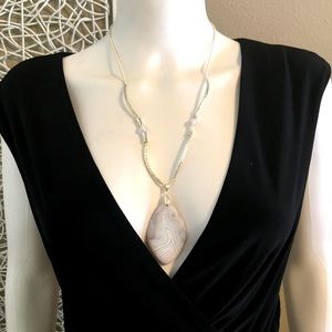 White Agate Stone Pendant with Amethyst & Silver Accents Necklace